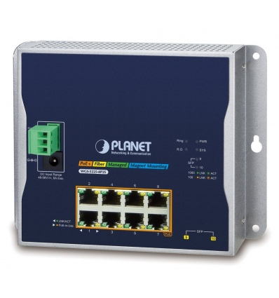 Planet WGS-5225-8P2S plochý L3 switch, 8x1Gb, 2x2.5Gb SFP, 8x PoE 802.3at 240W, 48-56VDC, -40~75°C, IP30, fanless