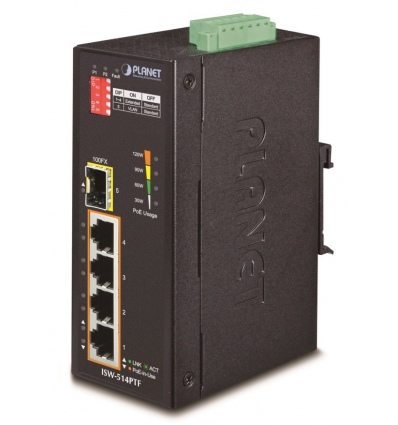 Planet ISW-514PTF, PoE switch 4x 10/100BaseTX+ 1x 100FX(SFP), 802.3at až 120W, DIN, IP40, -40~75 st.C, 12-48VDC