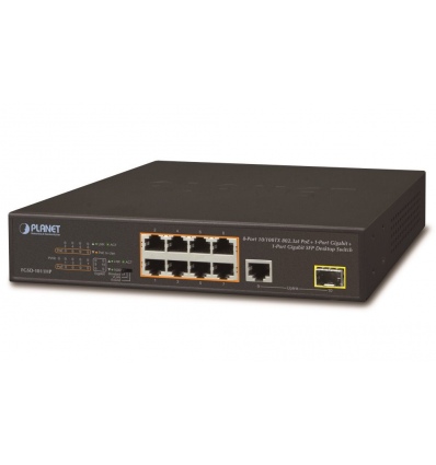 Planet FGSD-1011HP PoE switch, 8x 10/100 PoE, 1x TP + 1x SFP 1000Base-X, extend mód 10Mb, ESD, 802.3at 120W, fanless