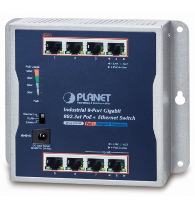 Planet průmyslový plochý switch 8x 1Gb, 8x PoE 30/120W, 48-56V, IP30, -20/60st, fanless