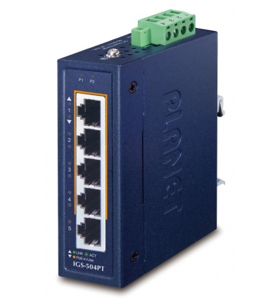 Planet IGS-504PT Průmyslový PoE switch, 5x1Gb, 4x PoE 802.3at 120W, -40až75°C, dual 48-54VDC, IP30, fanless