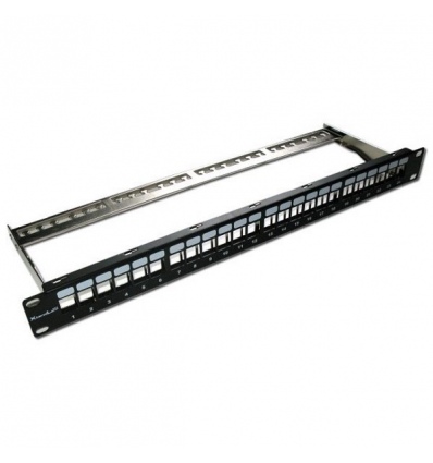 XtendLan Patch panel 19", 24 portů, neosazený, stíněný, černý, Cat5e/6/6A/7, vyvazovák