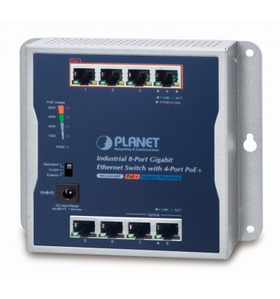 Planet průmyslový plochý switch 8x 1Gb, 4x PoE 30/60W, 48-56V, IP30, -20/60st, fanless