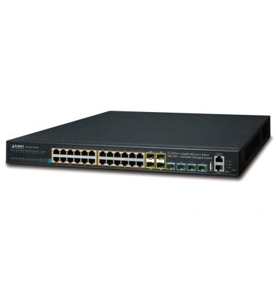 Planet SGS-6341-24P4X L3 switch, 24x1Gb, 4x1Gb SFP, 4x10Gb SFP+, 24x PoE 802.3at 370W, HW/IP stack, VSF/Cluster