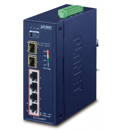 Planet IGS-624HPT Průmyslový Switch 4x 1Gb RJ-45 + 2x 1Gb SFP, PoE+ 802.3at 36/120W, IP40, DC12-56V, -40/+75°C, fanless