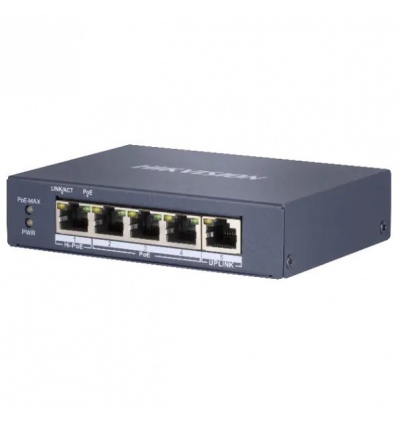 Hikvision DS-3E0505HP-E - full Gb switch 4x PoE (1x HI-PoE), 1x uplink RJ-45, 60W, dosah až 300m