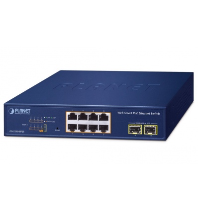 Planet GS-2210-8P2S WEBsmart L2 switch, 8x1Gb, 2x1Gb SFP, 8x PoE 802.3at 120W, QoS