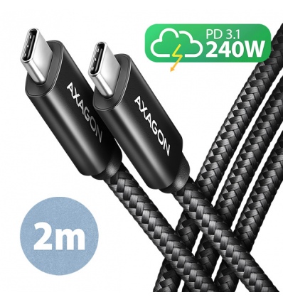 AXAGON BUCM2-CM20AB, CHARGE kabel USB-C - USB-C, 2m, Hi-Speed USB, PD 240W 5A, ALU, oplet, černý