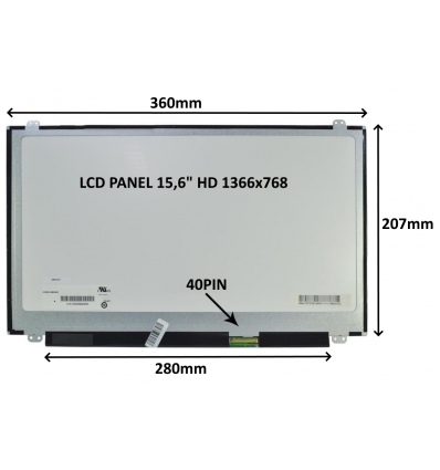 LCD PANEL 15,6" HD 1366x768 40PIN LESKLÝ / ÚCHYTY NAHOŘE A DOLE