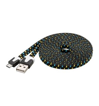 PremiumCord Kabel micro USB 2.0, A-B 2m, plochý textilní kabel, černo-modro-žlutý