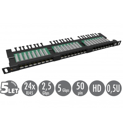 19" patch panel Solarix 24xRJ45 CAT5E UTP s vyvazovací lištou černý 0,5U SX24HD-5E-UTP-BK