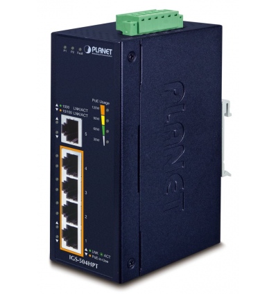 Planet Průmyslový PoE switch, 5x1Gb, 4x PoE 802.3at 36/120W, -40až75°C, dual 12-56VDC, IP40, fanless