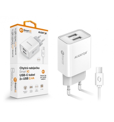 Chytrá síťová nabíječka ALIGATOR 2,4A, 2xUSB, smart IC, bílá, USB-C kabel