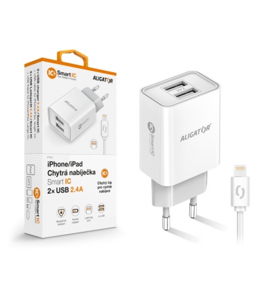 Chytrá síťová nabíječka ALIGATOR 2,4A, 2xUSB, smart IC, bílá, USB kabel pro iPhone/iPad