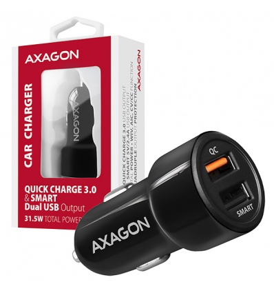 AXAGON PWC-QC5, QUICK a SMART nabíječka do auta, 2x port QC3.0/AFC/FCP + 5V-2.6A, 31.5W