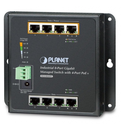OPRAVENÉ - Planet WGS-804HPT plochý L2 switch, 8x1Gb, 4x PoE 802.3at 144W, 48-54VDC, -40~75°C, IP30, fanless