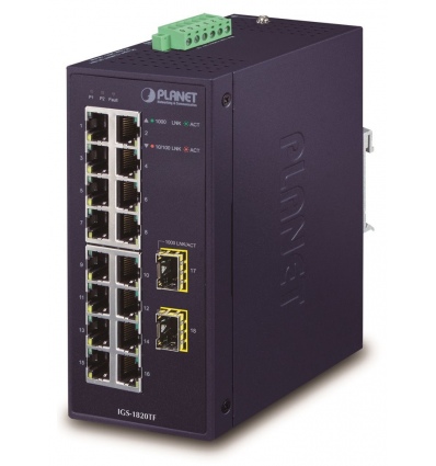 Planet IGS-1820TF Průmyslový Switch 16x1Gb, 2xSFP, dual 12-48VDC/24VAC, -40~+75°C, fanless