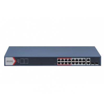 Hikvision DS-3E1318P-EI(B) - Smart managed switch 16x100TX PoE + 2x Gb Uplink Combo port, 230W, Super PoE- dosah až 300m