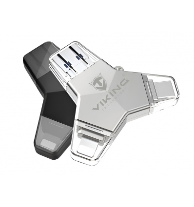 VIKING USB FLASH DISK 3.0 4v1 64GB, S KONCOVKOU APPLE LIGHTNING, USB-C, MICRO USB, USB3.0, stříbrná