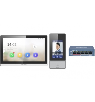 Hikvision DS-KIS902-S - Kit IP videotelefonu, dveřní stanice + bytový monitor + switch